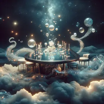 A floating table in a starry sky, whispers of dreams surrounding it. A floating table in a starry sky, whispers of dreams surrounding it.