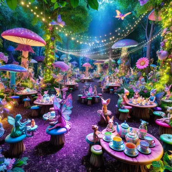 In a whimsical dream, enchanted creatures gather for a magical tea party.