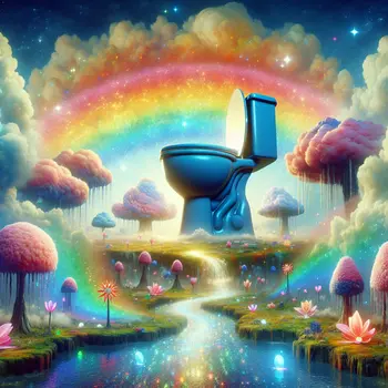 In the dream, a giant toilet loomed over a shimmering rainbow landscape.