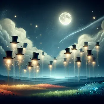 In the dream, floating top hats danced under a shimmering moonlit sky.