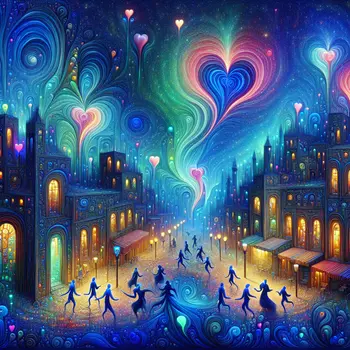 In a vibrant town, dream creatures danced under neon skies, hearts entwined.