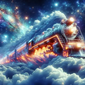 In a vivid dream, a train soared through clouds, glimmering like stars.