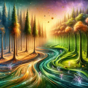 In the dream, trees shimmered, melting into rivers, showcasing transformation of environment.