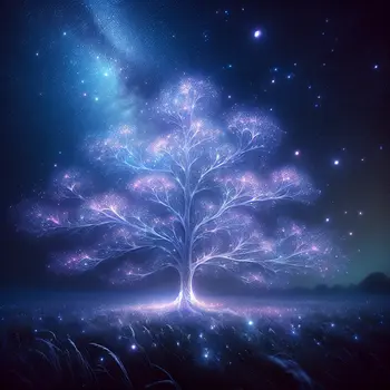 In the dream, a luminous translucent tree glows softly under a starlit sky. In the dream, a luminous translucent tree glows softly under a starlit sky.