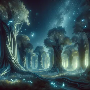 In a dream, towering trees whispered secrets under a glowing moonlit sky.