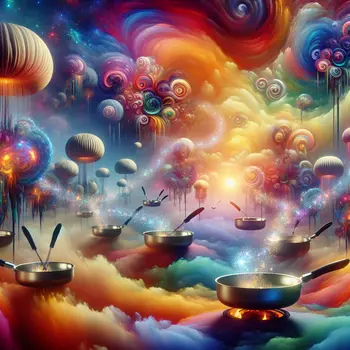 In the dream, colors swirl as twirling pans dance under a shimmering sky.