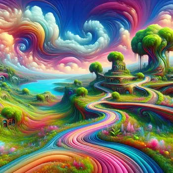 In a dream, paths twist unexpectedly, leading to vibrant, surreal landscapes.