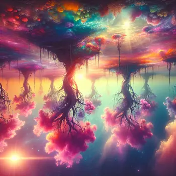 In a vibrant dream, sunlight filtered through swaying upside-down trees' roots.