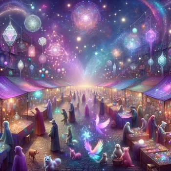 In my dream, vibrant vendors offered magical wares under shimmering twilight skies.