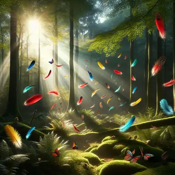 In the dream, vibrant feathers floated like butterflies through a sunlit forest.