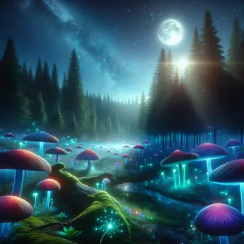 In a dream, vibrant mushrooms glowed under moonlight, creating a magical forest.