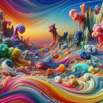 In the dream, waves of colorful vomit surged, swallowing the vibrant landscape.