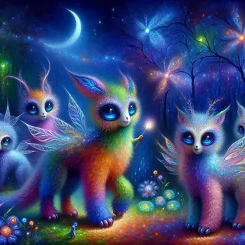 In a dream, whimsical creatures danced under moonlight, painting stars across the sky.