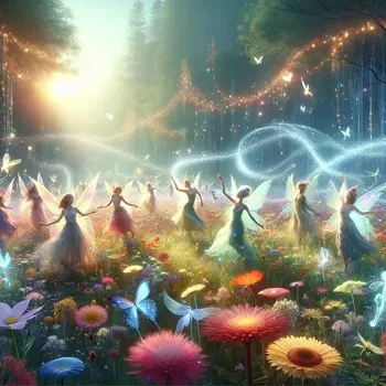 In a vibrant meadow, whimsical giggles echoed, dancing fairies spun dreams of joy.