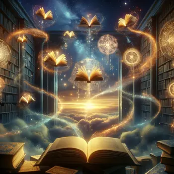 In the dream, whispering books floated, sharing secrets softly through shimmering pages.