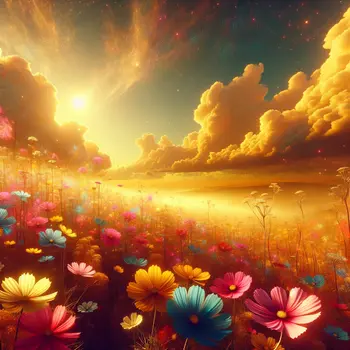 In my dream, vibrant wildflowers danced beneath a golden sunlit sky.