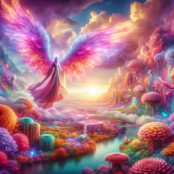 In my dream, radiant wings unfolded, lifting me above a vibrant landscape.