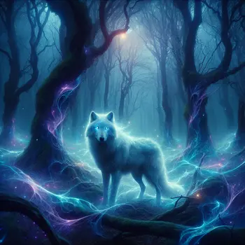 In a misty forest, a lone wolf beckons me into the dream.