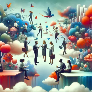 In the dream, coworkers float around, discussing projects in surreal, colorful landscapes.