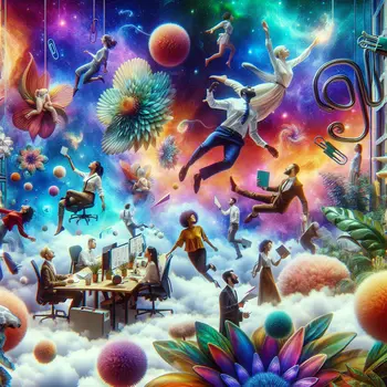 In a surreal workplace, coworkers float, exchanging ideas in vibrant dream colors. In a surreal workplace, coworkers float, exchanging ideas in vibrant dream colors.