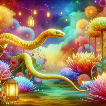 In my dream, a yellow snake slithered through vibrant, surreal gardens.