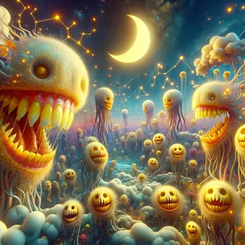 In the dream, yellow teeth shone brightly under a surreal, glowing moonlight.